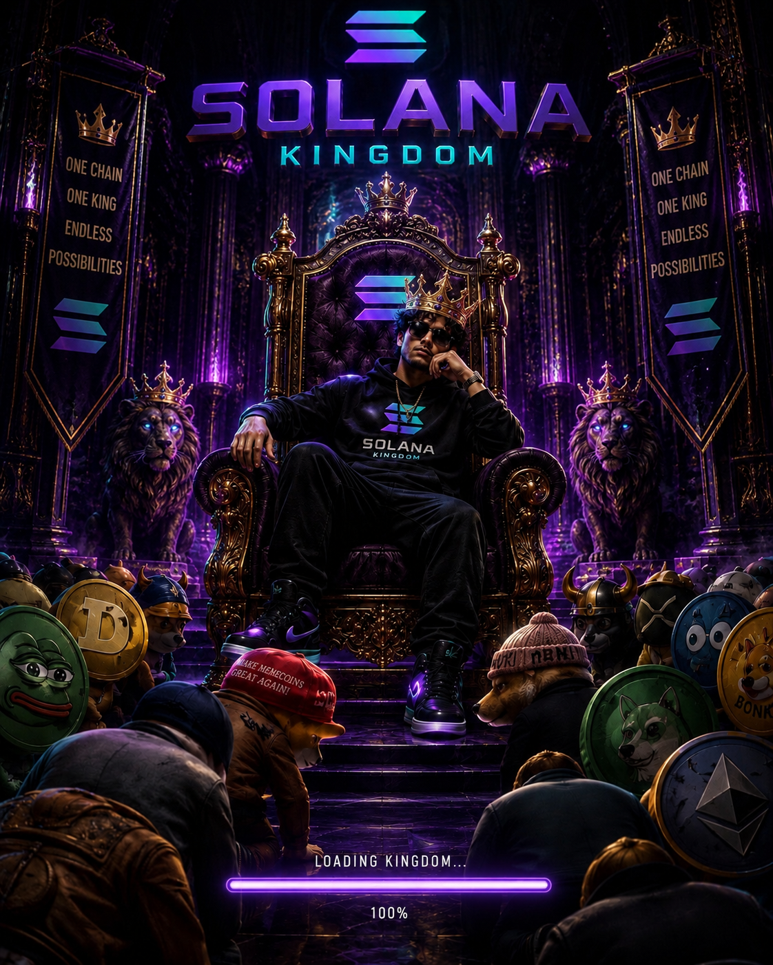 The King of Solana Kingdom on his golden throne, surrounded by meme characters